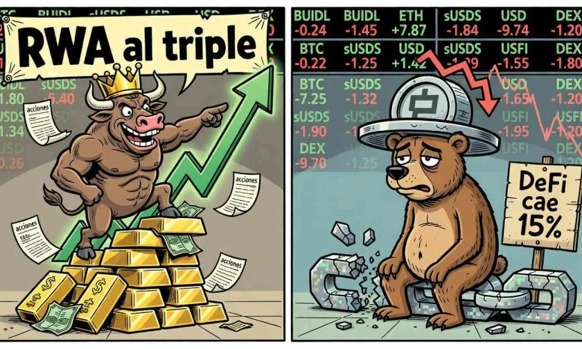 Depósitos de activos del mundo real alcanzan USD 7.4B mientras DeFi cae un 15%
