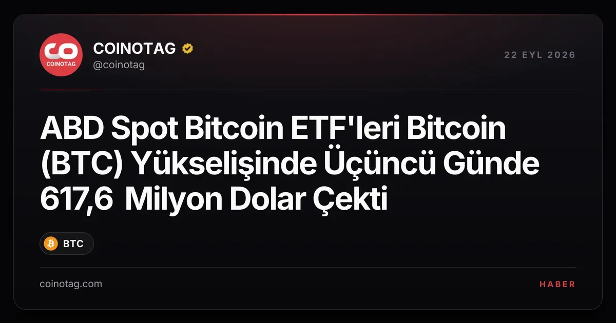 ABD spot Bitcoin ETF'leri 21 Eylül'de 617,6 milyon dolar çekti, BTC 87.363,76 dolara ulaştı