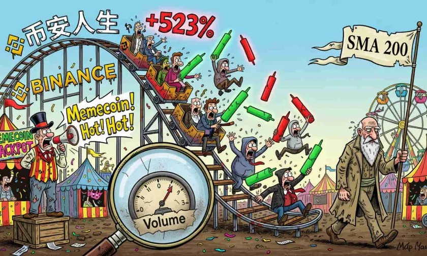 币安人生 cae un 3.16% mientras el volumen se desploma un 19.6% por debajo del promedio