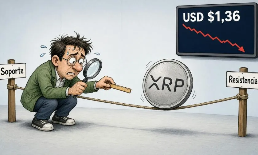 XRP cotiza a 1,36 dólares con indicadores técnicos frágiles y bajo volumen