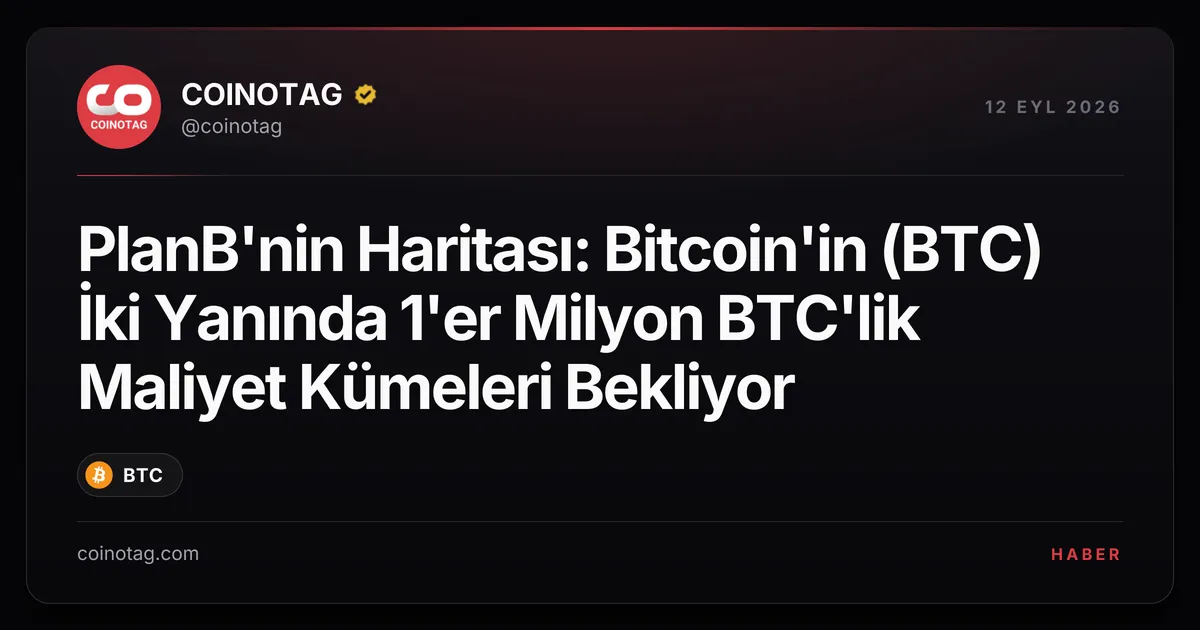 PlanB'nin haritası, Bitcoin'in altında ve üstünde 1 milyon BTC'lik kümeleri işaret ediyor