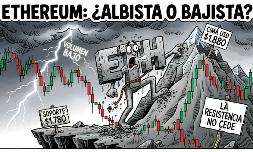 Ethereum alcanza USD $1.874,65, pero volumen diario cae 21% indicando debilidad