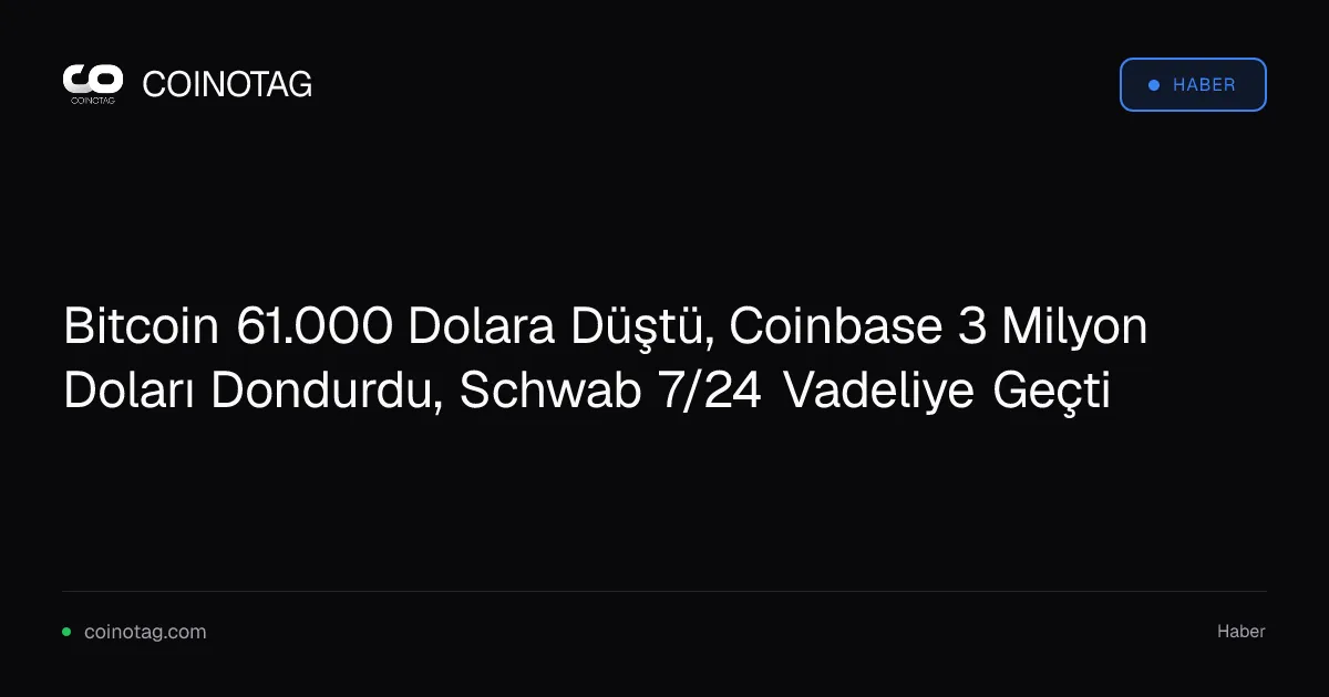 Bitcoin 61.000 Dolara Düştü, Coinbase 3 Milyon Doları Dondurdu, Schwab 7/24 Vadeliye Geçti