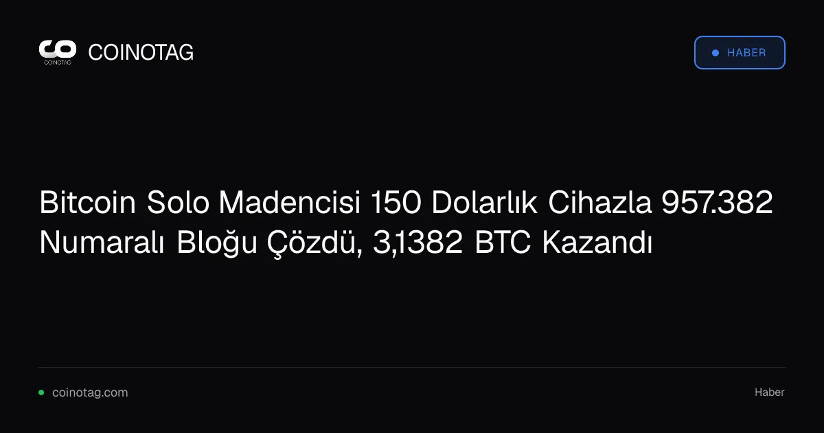 Bitcoin Solo Madencisi 150 Dolarlık Cihazla 957.382 Numaralı Bloğu Çözdü, 3,1382 BTC Kazandı