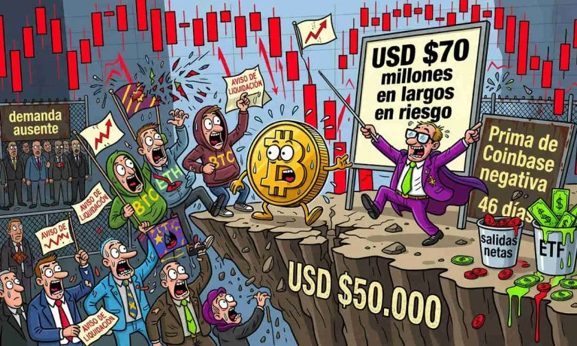 Bitcoin enfrenta riesgo de liquidaciones por USD $70 millones si cae a USD $50.000