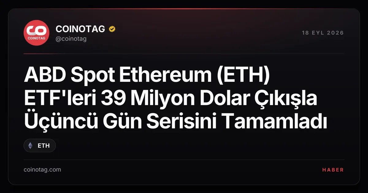 ABD Spot Ethereum (ETH) ETF'leri 39 Milyon Dolar Çıkışla Üçüncü Gün Serisini Tamamladı