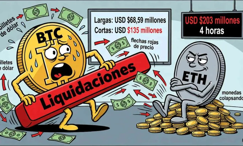 Liquidaciones de criptomonedas superan USD $203 millones en 4 horas, BTC casi 50%