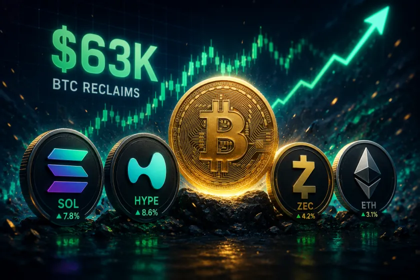 سعر البيتكوين يستعيد مستوى 63 ألف دولار مع ارتداد واضح لـ SOL وHYPE وZEC
