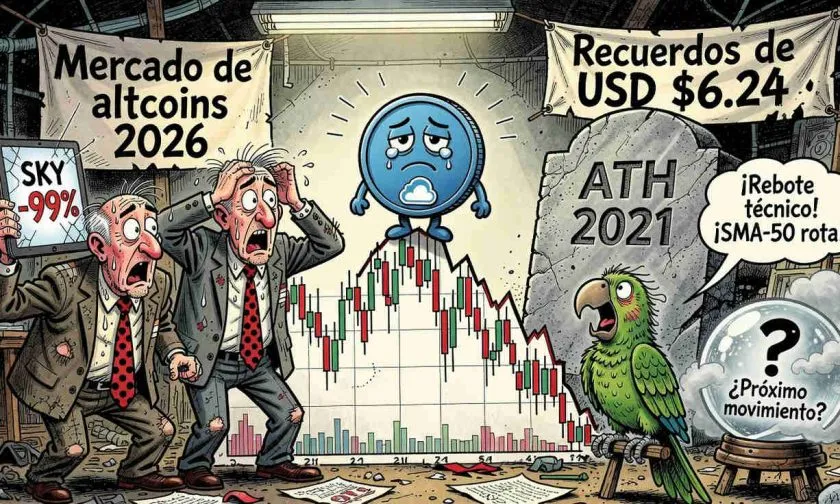 Skycoin (SKY) se desploma un 42% anual mientras la presión vendedora mantiene al token en zona de soporte crítica