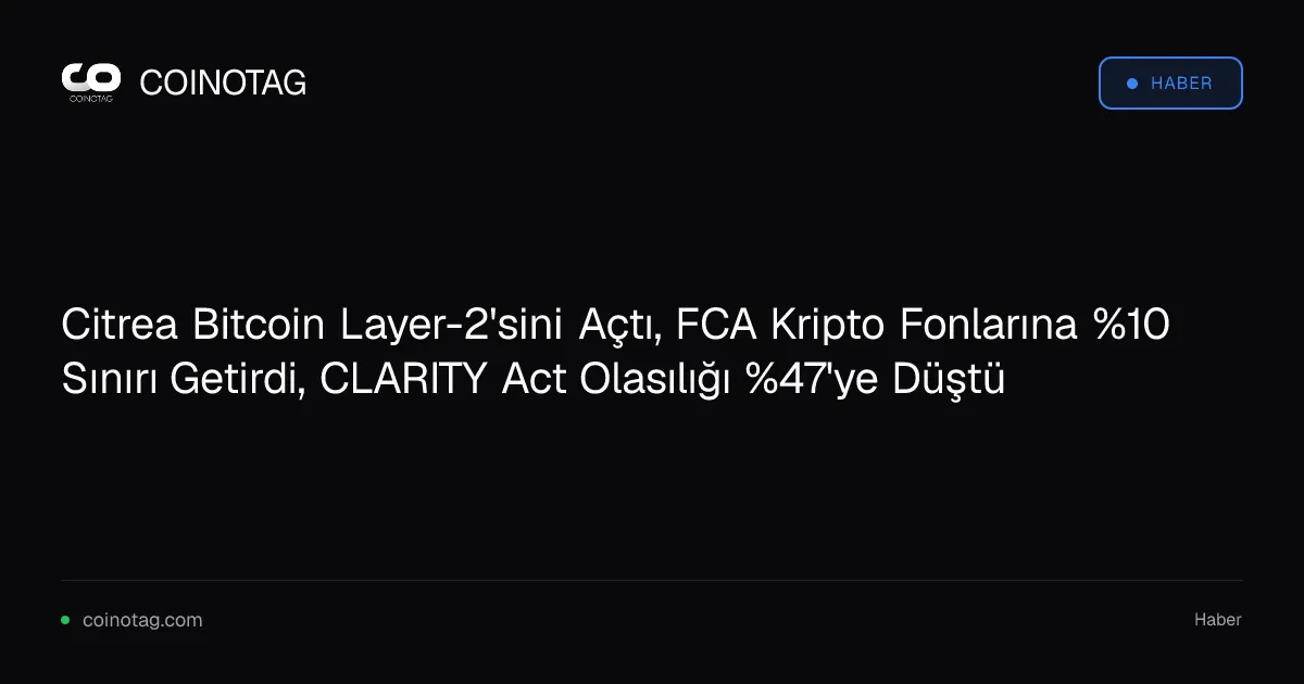 Citrea Bitcoin Layer-2'sini Açtı, FCA Kripto Fonlarına %10 Sınırı Getirdi, CLARITY Act Olasılığı %47'ye Düştü