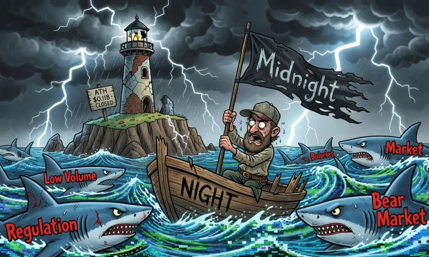 Midnight ($NIGHT) se desploma un 62,97% en 2026 y el volumen diario toca mínimos con solo USD $12.993