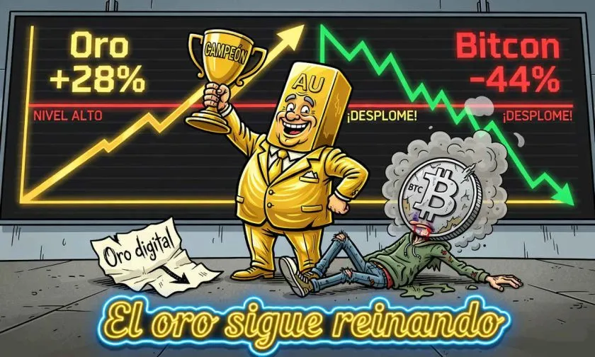 Oro supera a Bitcoin por 70 puntos porcentuales en un año de caída para BTC