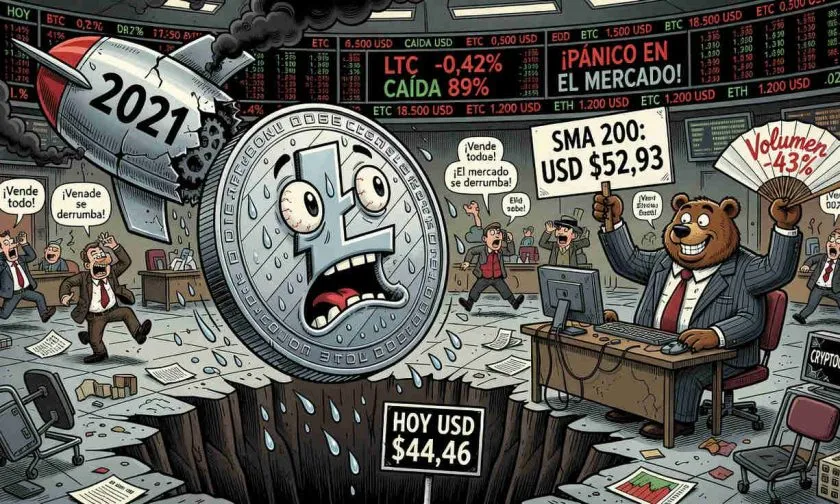 Litecoin (LTC) cae a USD $44,46 y su retroceso desde el máximo histórico toca el 89,20%
