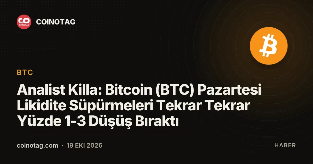 Killa analizi pazartesi likidite hareketleriyle bitcoin fiyatında yuzde 1 ila 3 dusus isaret ediyor