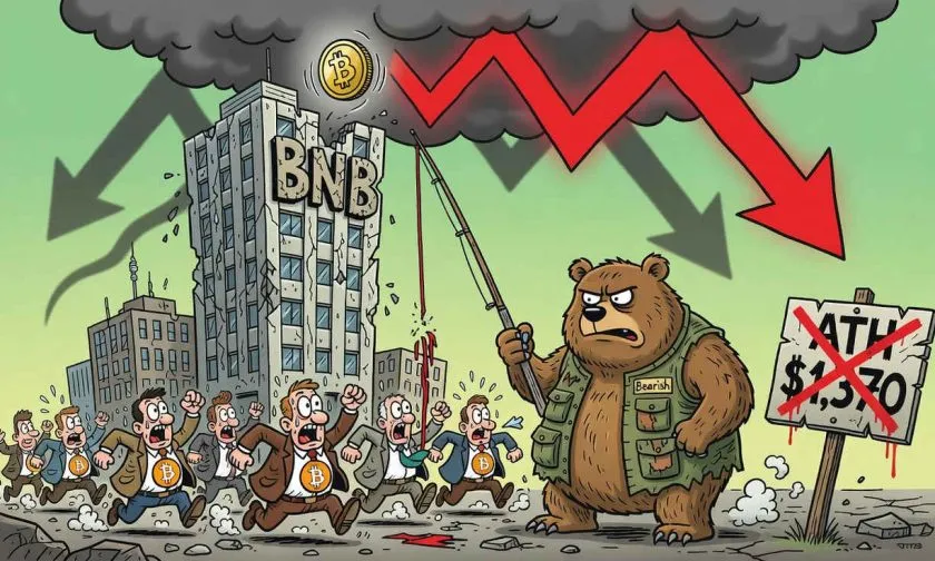 BNB se desploma un 60% desde su ATH mientras el volumen y las medias móviles confirmaban un mercado bajista