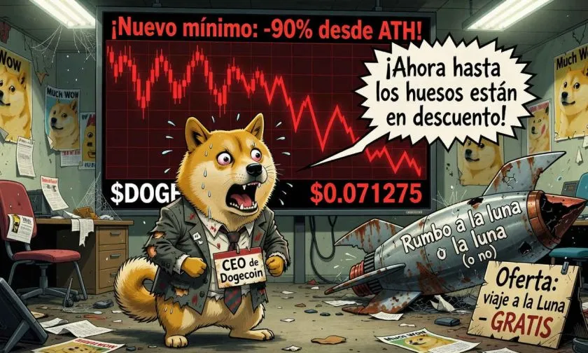 Dogecoin ($DOGE) se hunde un 90% desde su máximo histórico mientras el volumen se desploma