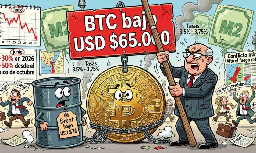 Bitcoin sigue bajo USD $65.000 pese a la caída del petróleo y la presión apunta a la Fed