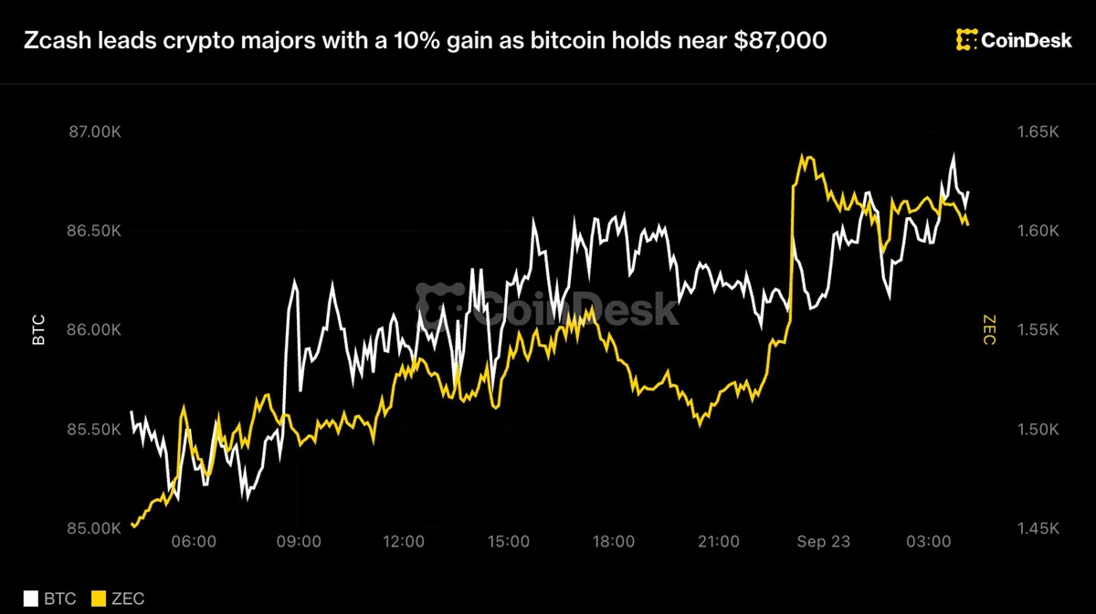 Zcash outperforms major cryptos with 10% gain as bitcoin nears $87,000