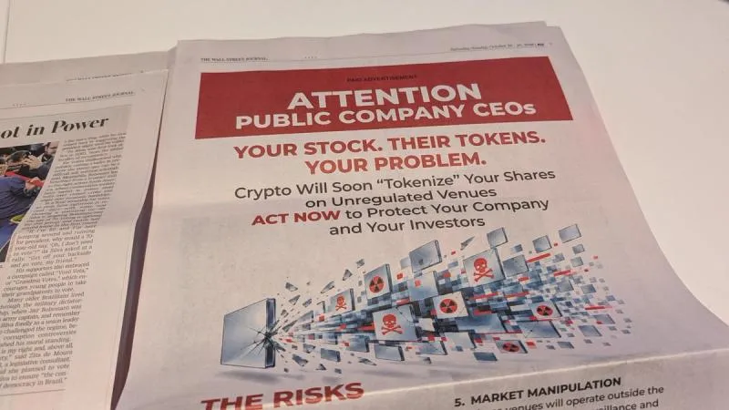 Full-page WSJ ad raises questions on tokenized stocks and Securitize response