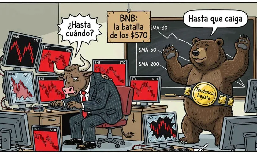 BNB se consolida bajo los $570 mientras todas las medias móviles advierten presión bajista