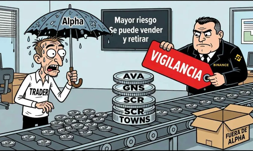 Binance pone cuatro tokens bajo vigilancia y retira 14 de Alpha