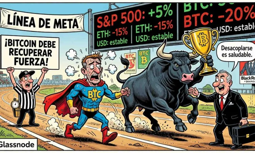 Bitcoin pierde 20% en 90 días mientras S&P 500 sube 5%, advierte Glassnode